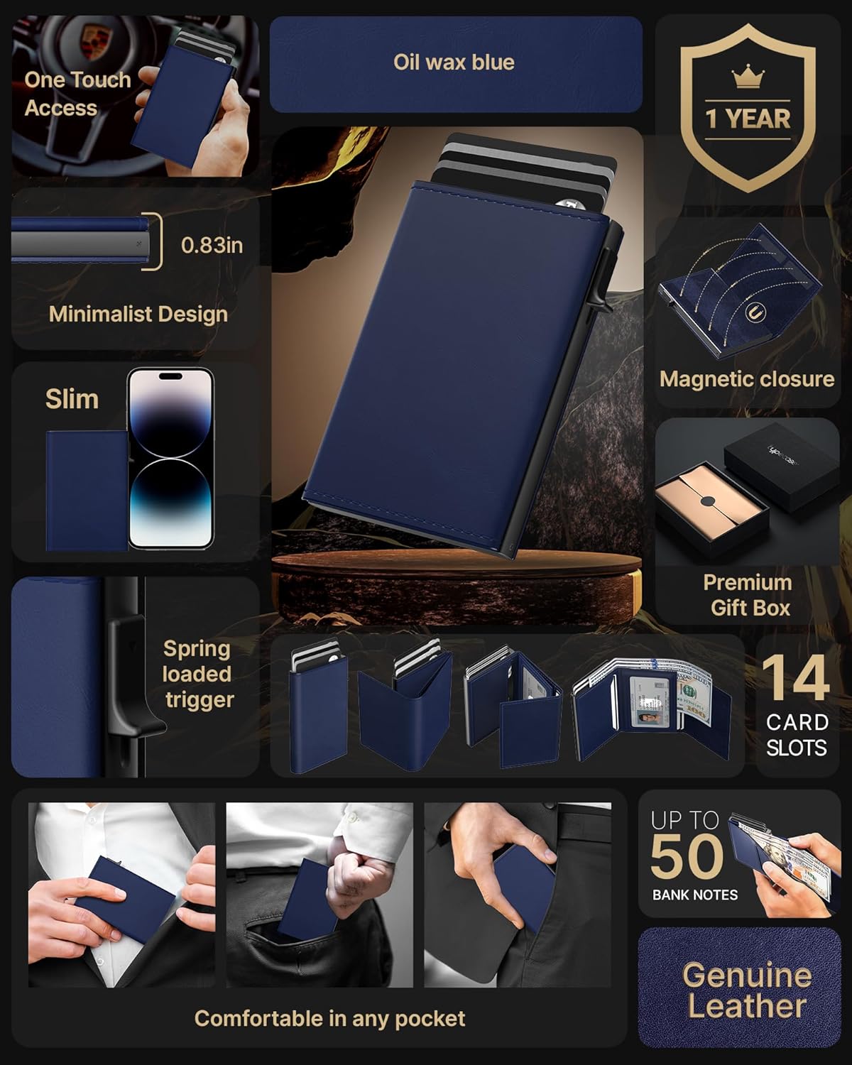typecase Mens Wallet Card Holder: Pop Up Aluminum Case, Premium Genuine Leather, Smart, RFID Blocking, Slim, Minimalist, Front Pocket - 9-14 Card Capacity | ID Window | Cash Slot (Navy)