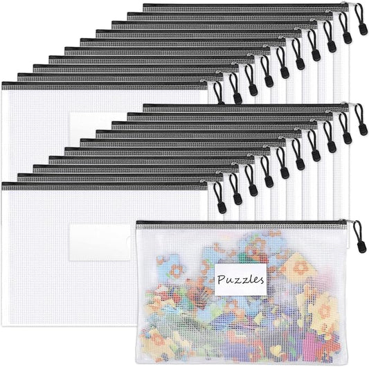 Sooez 20 Pack Mesh Zipper Pouch with Label Pocket, Plastic Zip File Folders, Letter Size A4 Zipper Document Bag for Teacher School Office Supplies, Classroom Organization, Board Game Storage，Black