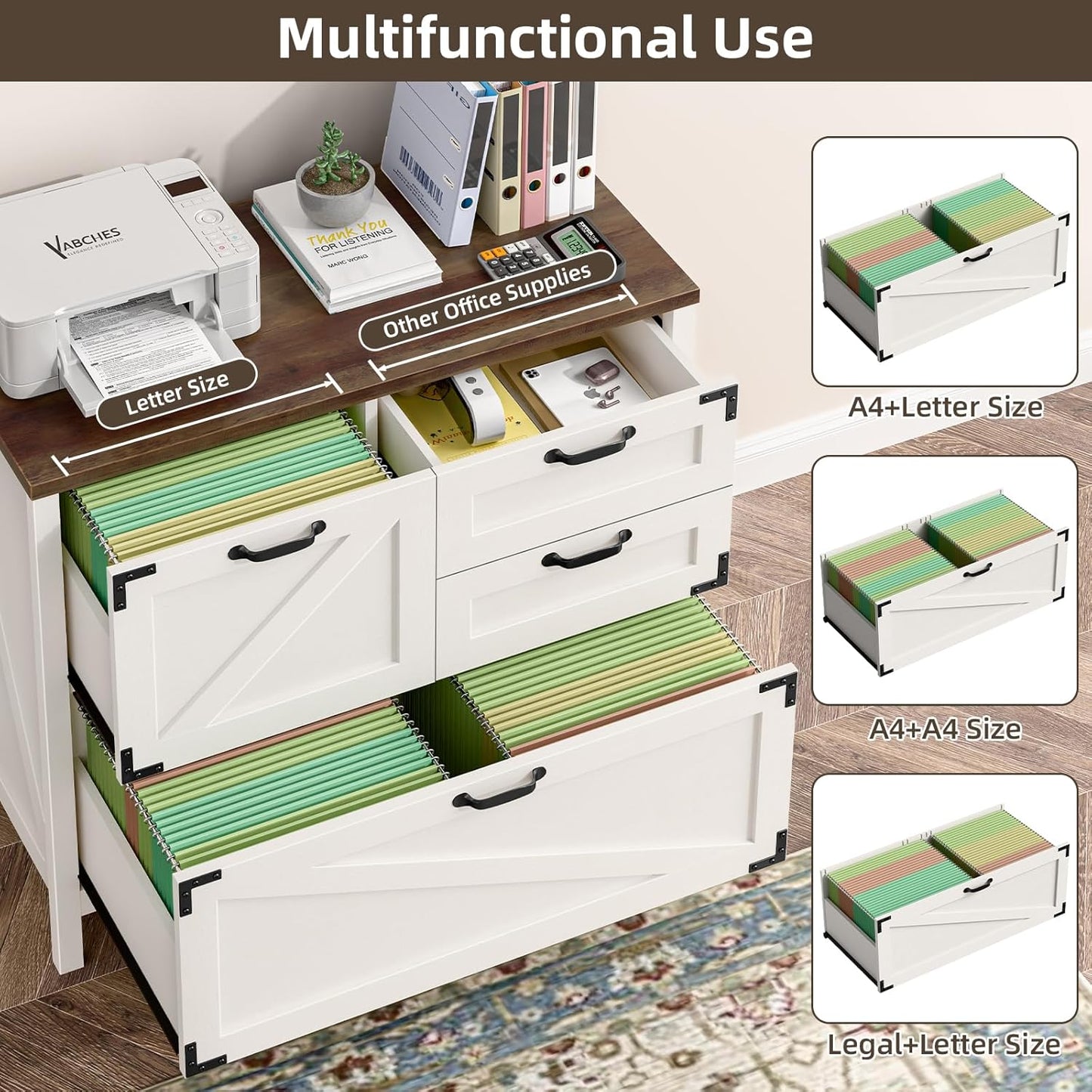 Wood Lateral File Cabinet with 4-Drawer for Hanging Files Letter/A4/Legal Size, Large Farmhouse Filing Cabinets for Home Office, Printer Stand with Office Cabinet, Office Furniture, White and Brown