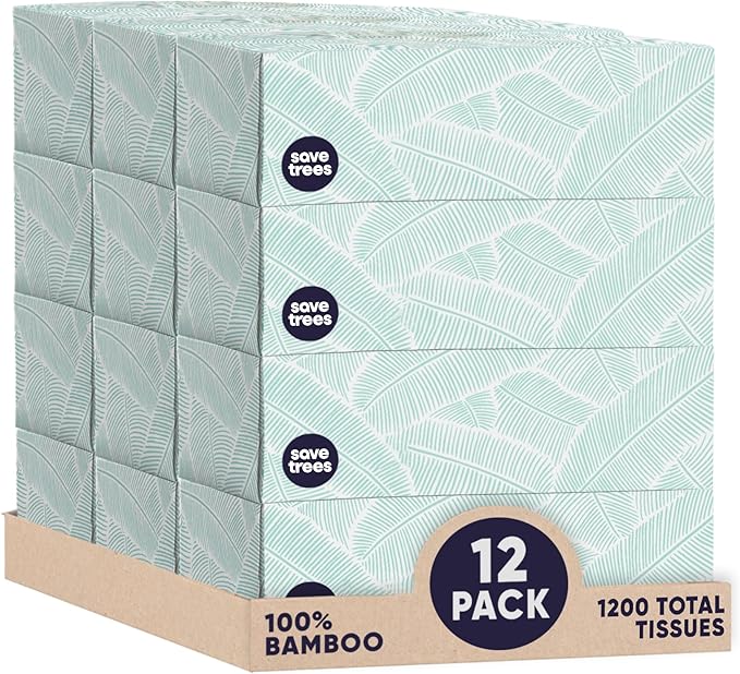 Bamboo Facial Tissues - 12 Boxes of Eco-Friendly, 3-Ply Hypoallergenic Tissues, 90 Sheets per Box, FSC Certified, Plastic-Free Packaging, Soft & Gentle for Home Use
