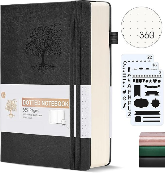 Dotted Journal Notebook, 360 Numbered Pages Bullet Dot Grid Journals,100gsm Dot Paper Thick Hardcover Leather Journal for Writing Women Men,A5 Dotted Grid Notebooks for Work 5.75" x 8.38" Black