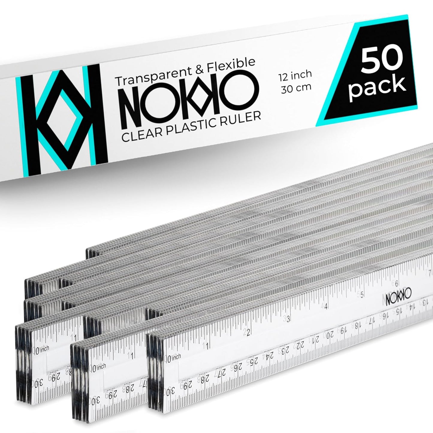 NOKKO Rulers Bulk for Classroom - Pack of 50 - Clear Plastic Ruler 12 Inch / 30 cm - Transparent School Ruler with Inches and Centimeters - Back to School Supplies for Kids, Students and Teachers