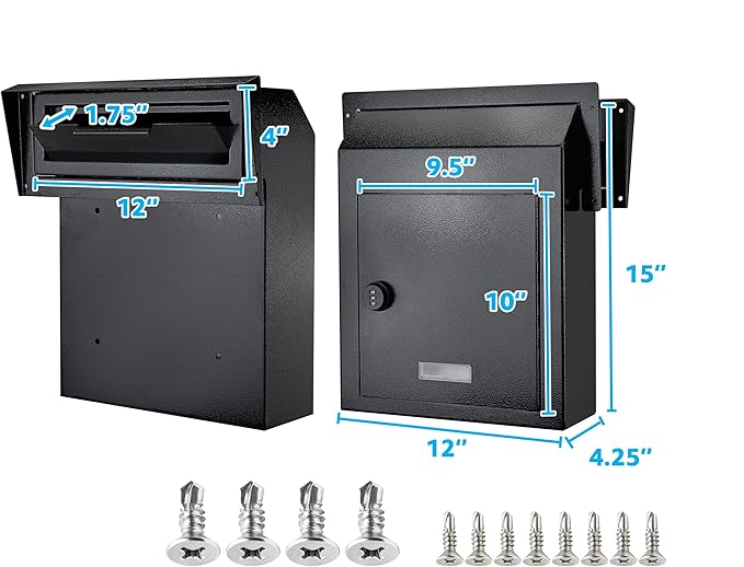 Rainproof Through The Door Key Drop Box, Galvanized Steel Heavy Duty Mailbox Safe Deposit Box, Locked Mail Drop Box with Combination Lock for Key and Payment, Black Mailbox