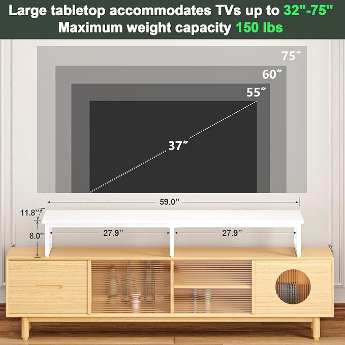 Clikuutory 59" Large TV Riser for 32-75 inch TVs, Tabletop Stand with Steel Legs, Storage & Dual - Screen Office Desk Function, Ideal for Home Office, Bedroom, Living Room, White