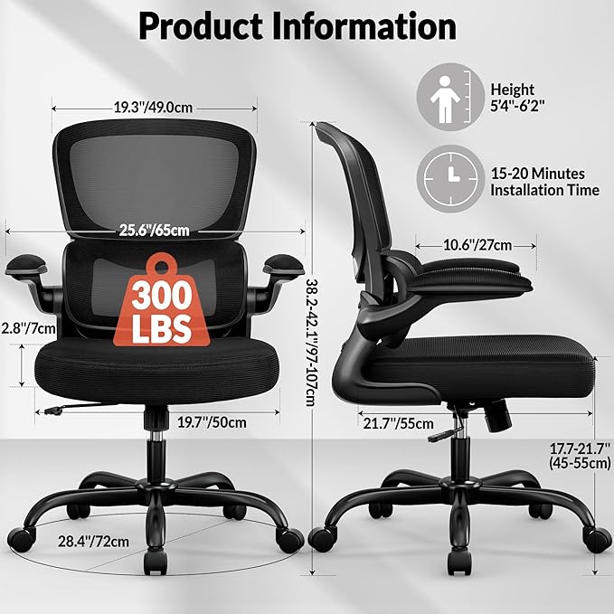 Home Office Desk Chair, Ergonomic Office Chair with Lumbar Support and Adjustable Armrests, Office Chair, Breathable Mesh Mid Back Computer Chair, Modern Comfy Desk Chair