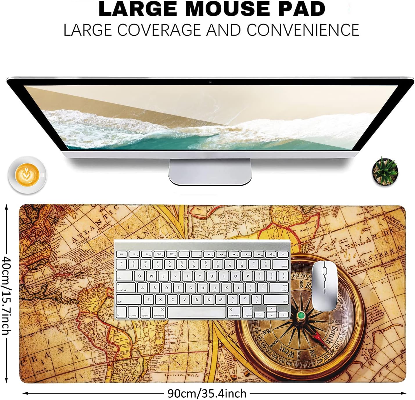 Vintage Compass Lies on Ancient World Map Extended Gaming Mouse Pad Large Desk Mat with Non-Slip Rubber Base and Stitched Edges,Keyboard Mouse Mat Desk Pad for Work,Game,Office,Home 35.4 * 15.7 Inch