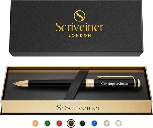 Scriveiner Personalized Black Ballpoint Pen - Stunning Luxury Pen, Jet Black Lacquer, Real Gold Plating, Schmidt Ink Refill, Best Engraved Ball Point Gift Set for Men & Women, Custom Name Engraving