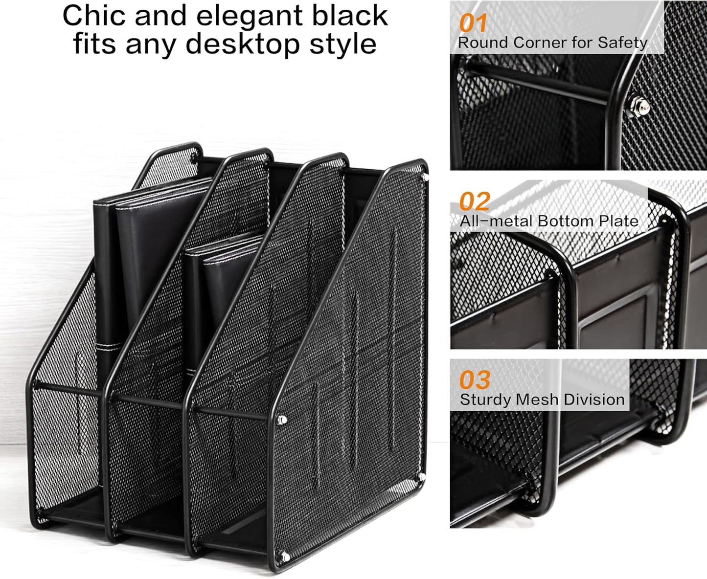deli Mesh Magazine File Holder, Desk Organizer File Folder Document Rack for Office Organization and Storage, 3 Vertical Compartments, Black