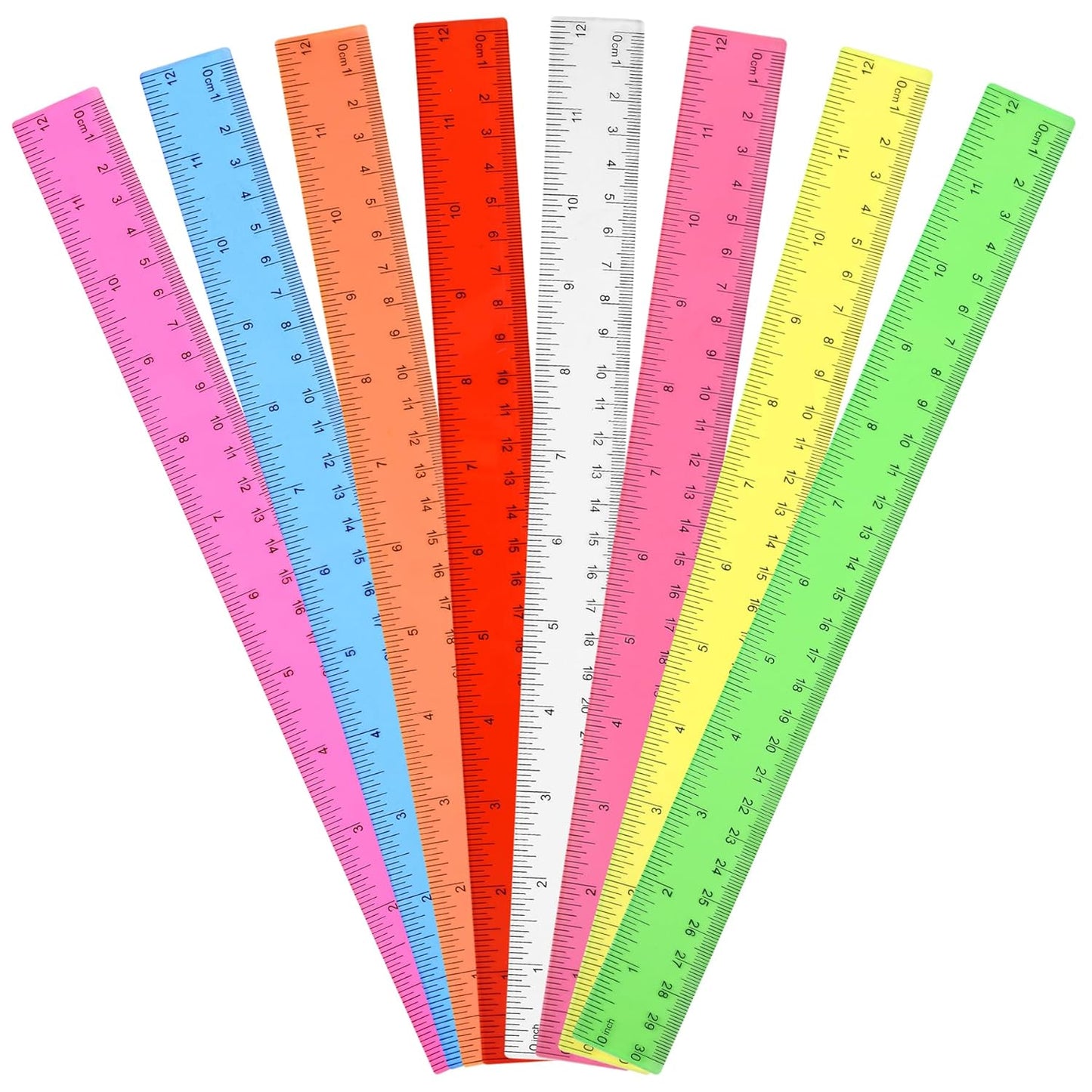 Clear Plastic Straight Ruler, 12 Inch, Bulk Assorted Colors, Shatterproof with Inches and Centimeters for School, Home, or Office (8 Pack)