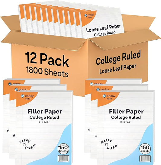 Loose Leaf Paper Bulk, 1800 Sheets, College Ruled, (12 Pack) 150 Sheets Per Pack, 8" x 10.5" White Filler Paper, 3 Hole Punched Binder Paper for 3 Ring Binders, Notebook Paper - By Enday