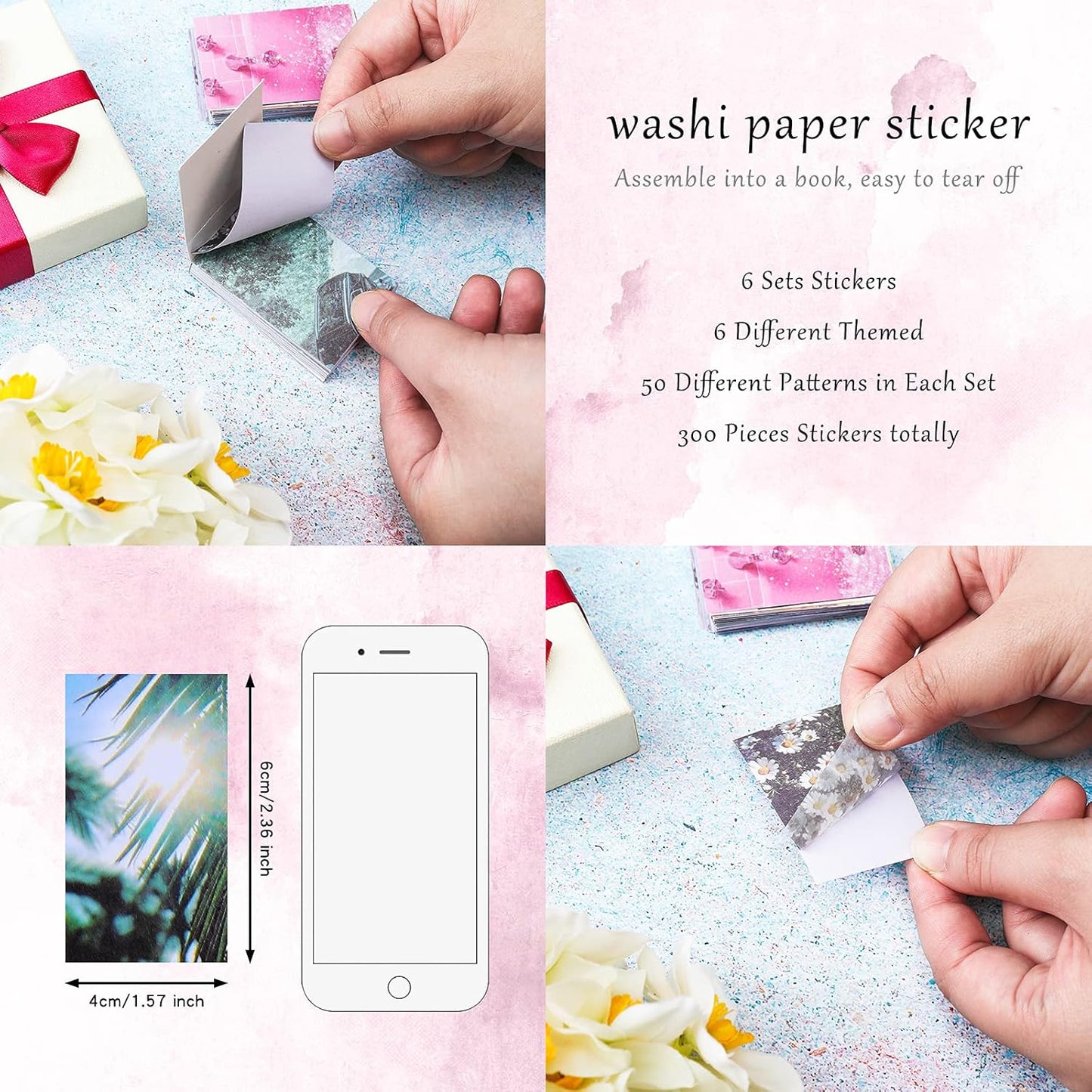 Outus 300 Sheets Washi Paper Sticker Aesthetic Stickers Set for Journaling Travel Planner Stickers for Scrapbooking Vintage Washi Sticker Book for Diary Calendar DIY Craft Album(Bright Style)