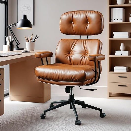 ovios Home Office Chair, Mid-Century Modern Faux PU Leather Chairs with Lumbar Support Comfy Thick Cushion, High Back Ergonomic Swivel Rolling Executive Armchair (Brown, PU Leather)