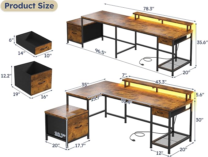 L Shaped Computer Desk with Drawers, Gaming Desk with LED Lights & Monitor Shelf, Office Desks with Power Outlets, Corner Desks for Home Office, Study Room and Bedroom, Rustic Brown