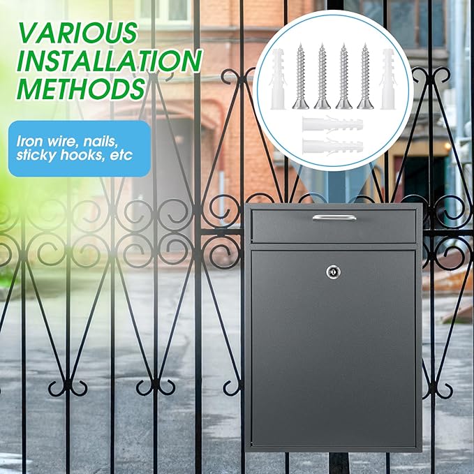 Locking Mailbox with Key for Outdoor 16.2 x 11.2 x 4.7 Inches Large Wall Mount Mail Box with Lock Security Mail Drop Metal Collection Boxes Hanging Secure Postbox(Dark Gray)