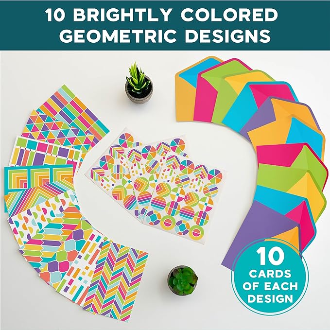 VNS Creations 100 Pack Blank Cards and Envelopes 4x6 - Plain Blank Note Cards with Envelopes & Stickers for All Occasions - Greeting Notes Colored Stationery Set, Assorted Colors - Rainbow