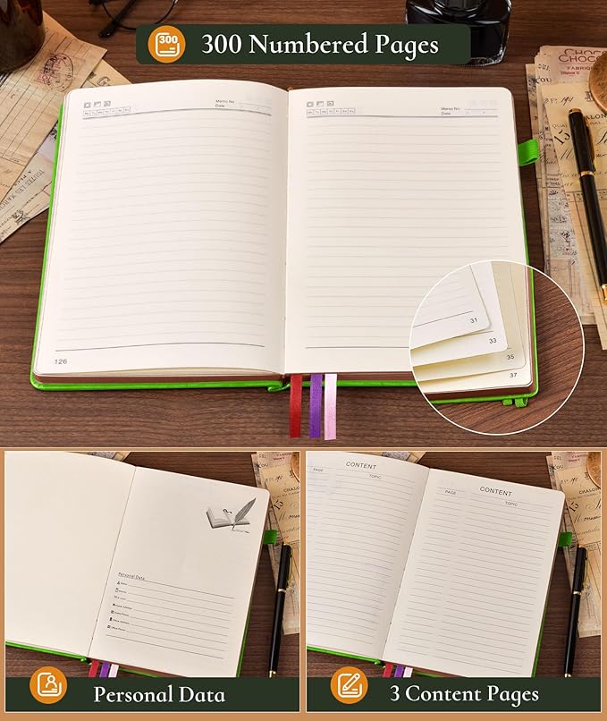 Vintage Leather Journal with 300 Numbered Pages,A4 Lined Journal for Men Women,Daily Journals for Writing,College Ruled Notebook for Work,School,Note taking,Travel Diary,Large (8.5" X 11.3")