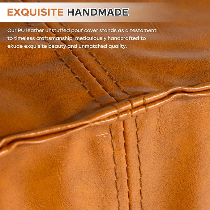 Pouf Ottoman Cover, 17.7" Square Unstuffed Pouf Cover, Faux PU Leather Moroccan Poofy Ottoman Footstool, Brown No Filler Footrest, Floor Chair Gifts Foot Rest for Living Room, (Only Cover)