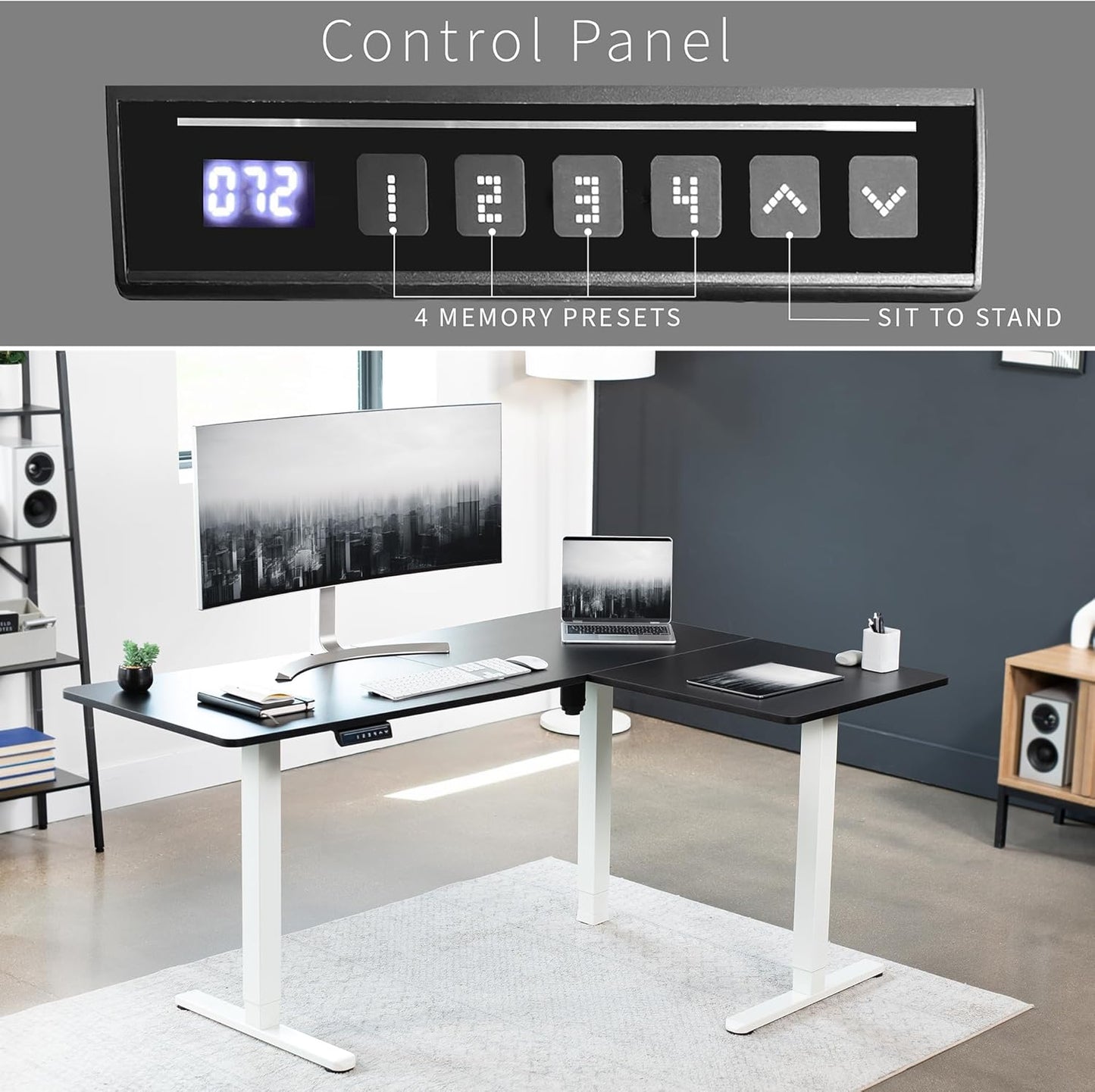 VIVO Electric Corner L-Shaped 63 x 47 in Standing Desk, Memory Height Adjustment, Black Top White Frame, DESK-E3CTWB-47