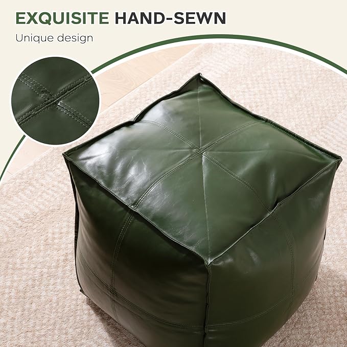 Unstuffed Pouf Cover, 17.7" Faux Leather Poofy Ottoman Cover, Square Footstool For Storage Living Room Decoration Foot Rest, Footrest for Bedroom Balcony Office Chair, (Only Cover, No Filler), Green