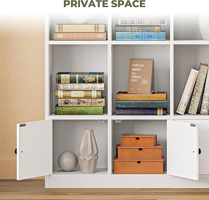 IRONCK Bookshelves and Bookcase, 6 Tiers Large Bookshelf with 4 Doors, Floor Standing Tall Display Storage Shelves for Home Office, Living Room, Bedroom, White