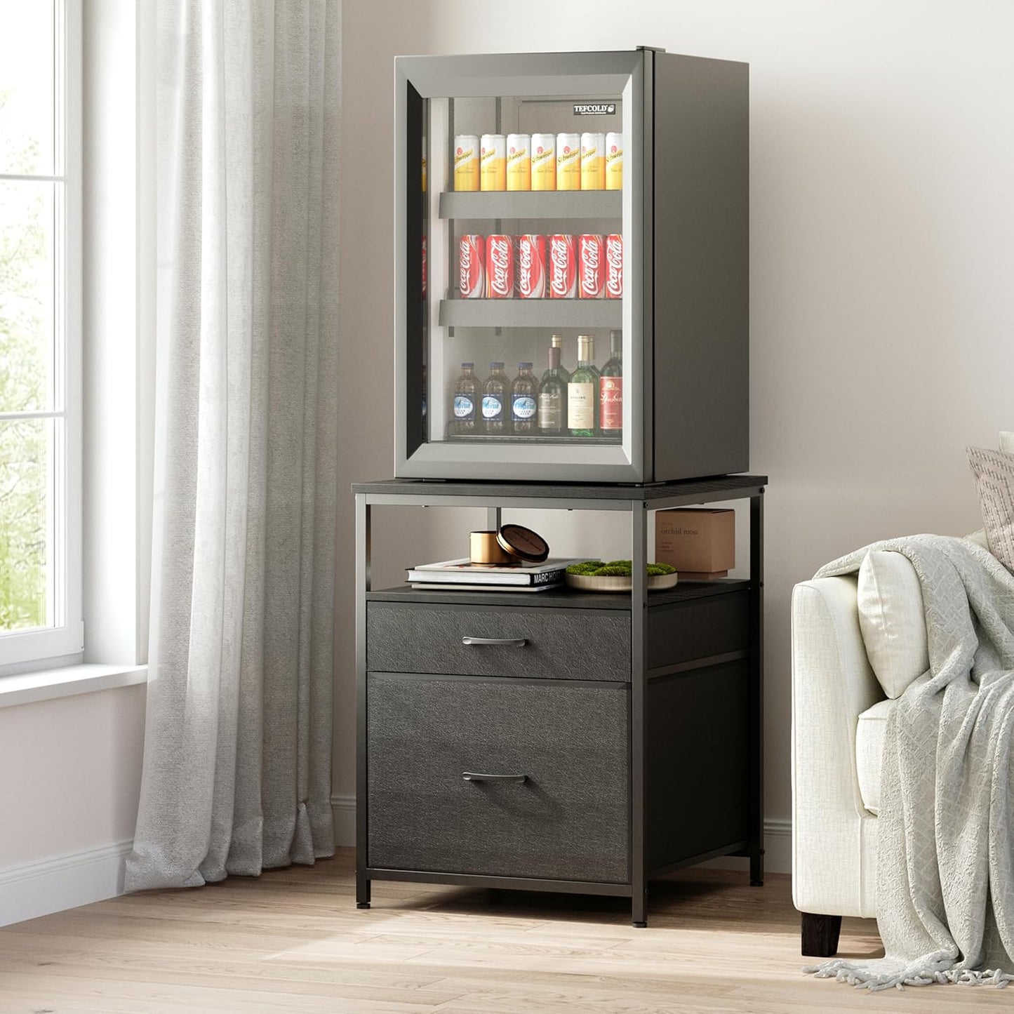 Mini Fridge Stand with 3 Storage, Mini Fridge Cabinet, Beverage Fridge Table, Heavy Duty 21.3" L* 22.7" W Tabletop, for Dorm, Apartment,Office, Bedroom Black HB01BXB