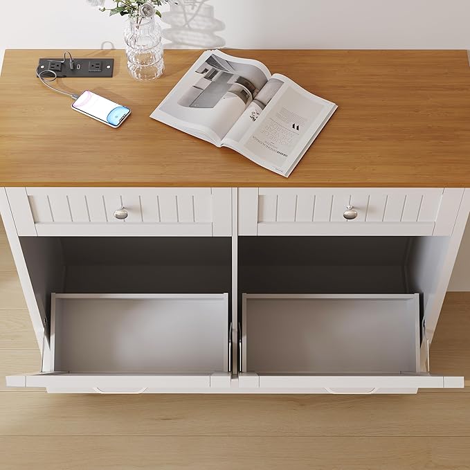 20 Gallon Tilt Out Trash Cabinet, Wooden Kitchen Trash Can Cabinet with Hideaway Drawer, Freestanding Laundry Hamper Garbage Recycling Cabinet on Wheels, Pet Proof, Double, White