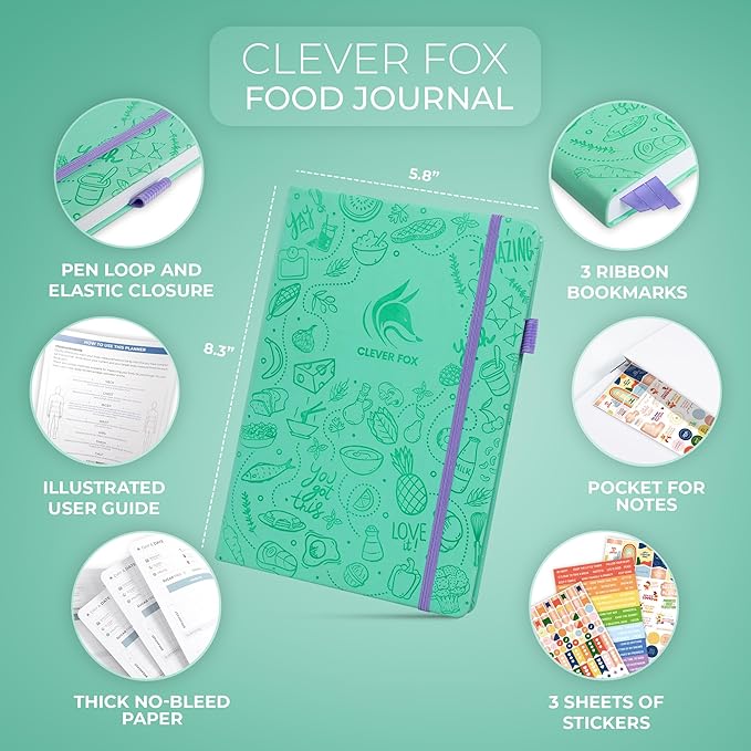 Clever Fox Food Journal - Daily Food Diary, Meal Planner to Track Calories & Nutrients, Weight Tracker Notebook, A5 (Turquoise)