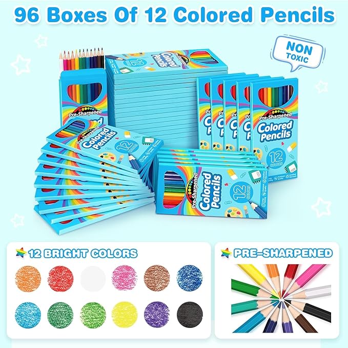 Jumlys 1152 Count Colored Pencils Bulk, 96 Packs Pre-sharpened Coloring Pencils for Kids in 12 Colors, Bulk School Supplies for Teachers, Ideal Back to School Supplies & Classroom Prizes