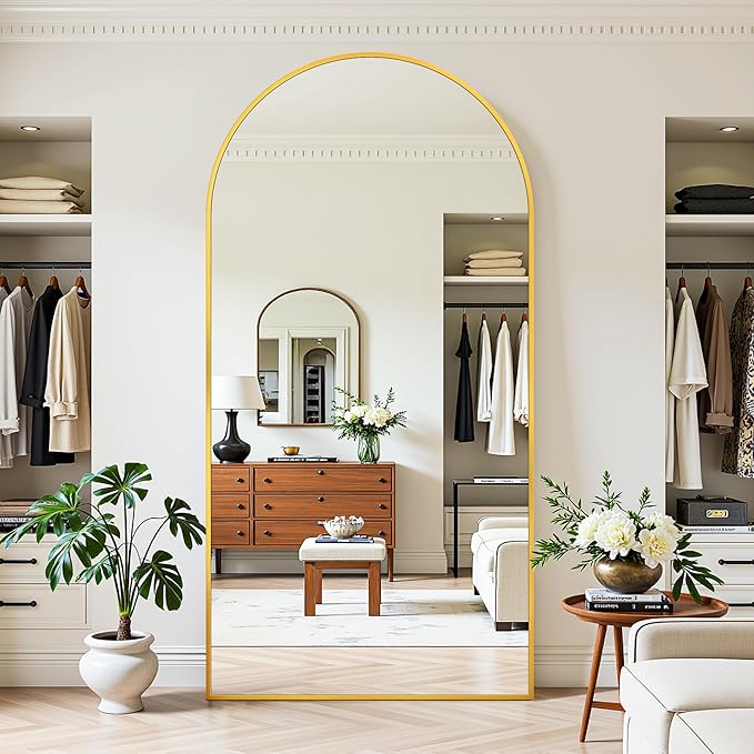 Full Length Mirror, 78"x38" Oversized Floor Mirror Freestanding, Full Body Mirror Floor Standing Mirrors with Stand, Hanging Mounted Mirrors for Bedroom Living Room, Gold, Arched Style
