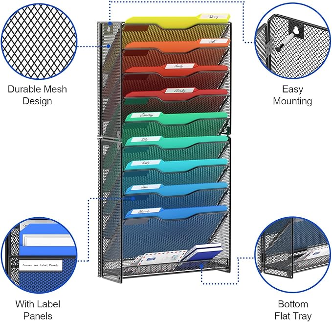samstar 10 Tier Wall File Organizer, Hanging Wall Mount File Holder Paper Folder Mail Organizer, Mesh Metal, Black.