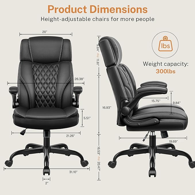 Office Chair Flip Up Arms, Executive Leather Office Chair Ergonomic Desk Chair with Lumbar Support, Adjustable Headrest, Computer Chair Home Office Desk Chair with Rocking Function