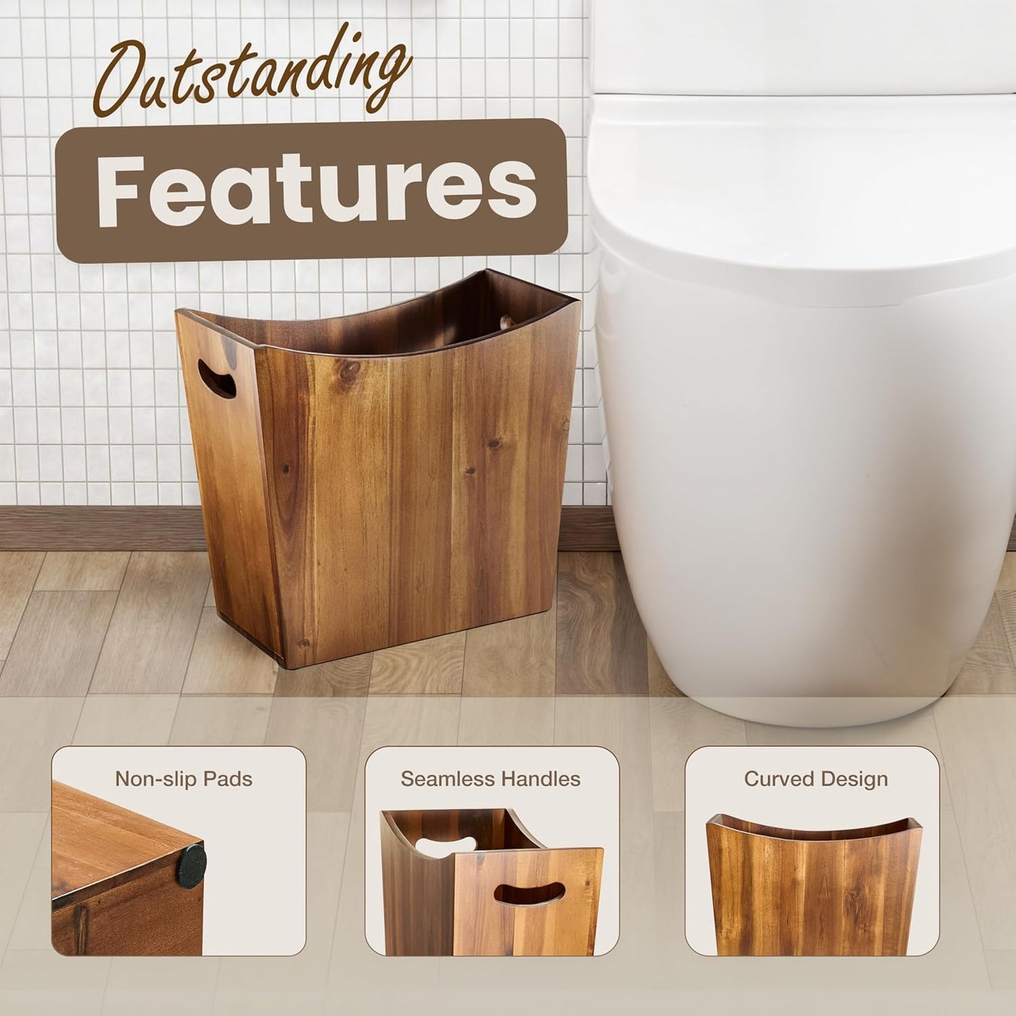 3 Gallons Rectangular Wastebaskets - Acacia Wood Waste Basket with Handles - Small Trash Can for Bathroom - Brown Garbage Bin for Spa Decorative, Kitchen Under Counter, Living Room, Office
