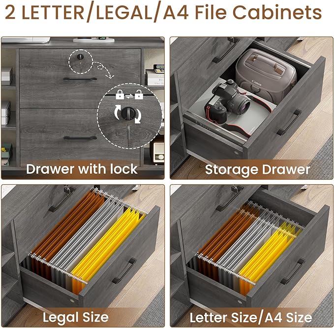 SEDETA 44" File Cabinet, Filing Cabinet fits Legal/Letter Size, 2 Drawer File Cabinets for Home Office with Lock, Power Strip, 6 Storage Shelves, Grey