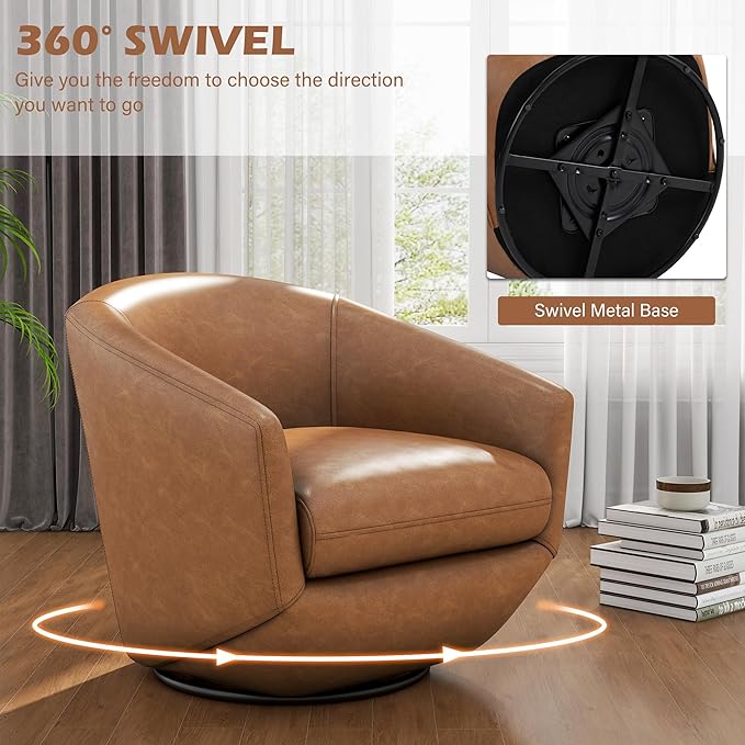 UIXE Faux Leather Swivel Accent Chairs Set of 2, Barrel Chair Upholstered Club Armchair for Living Room, Comfy Single Sofa Bedroom Side Reading Seat - Brown