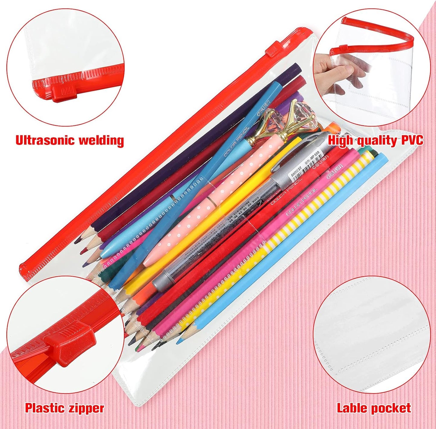 Marspark 100 Pieces Clear Pencil Case Zipper Envelope Bulk with Label Pocket Clear Plastic Envelopes with Zippered, A6 Pencil Bags for Cash, School Office Supplies, 9.2 x 4.7 Inches(Red)