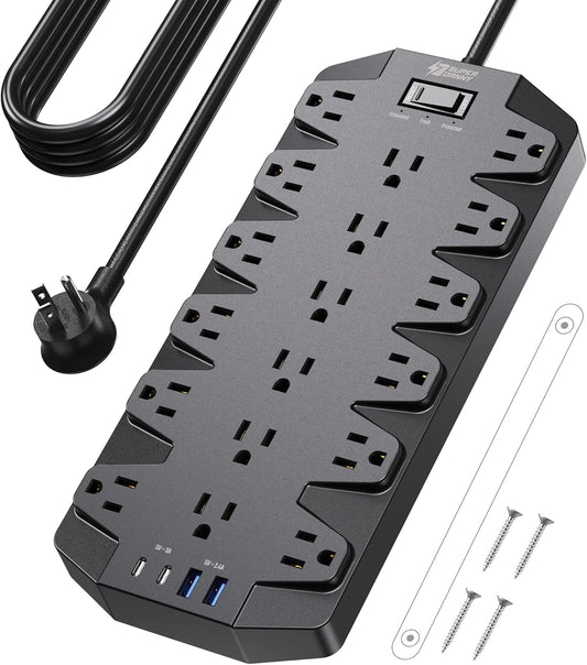 Power Strips with Surge Protection 10 FT, SUPERDANNY 18 AC Outlets and 4 USB Ports, Flat Plug Heavy Duty Extension Cord, 1875W/15A, 2100 Joules for Home, Office, Dorm, Black