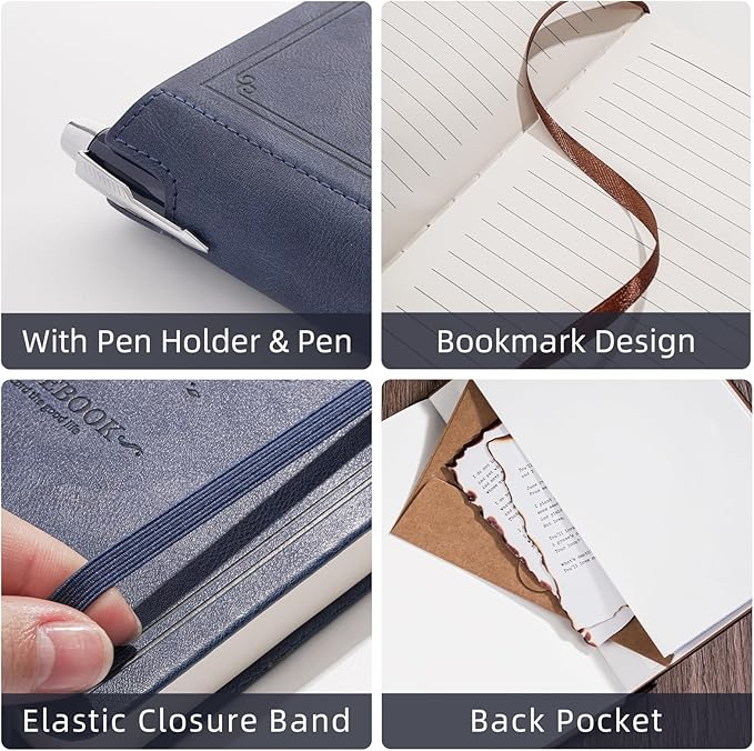 Lined Notebook Journal for Women Men 320 Pages A5 Hardcover Leather with Pen Holder College Ruled Journals for Work Note Taking Travel School Navy Blue