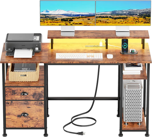 Furologee 51" Computer Desk with Power Outlet and LED Lights, Reversible Home Office Desk with File Cabinet & Monitor Stand, Large Gaming Table with Storage Shelves & Drawer, Rustic Brown