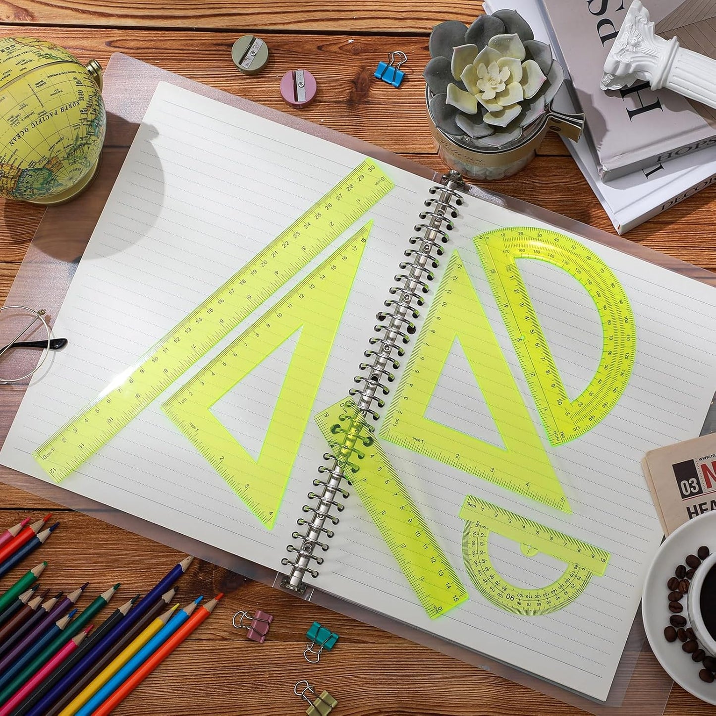 Tenare 6 Pcs Plastic Ruler Math Set Includes 12 Inch 6 Inch Straight Protractor Triangle Geometry Transparent Math Ruler Measuring Tools for School Office Home(Yellow)