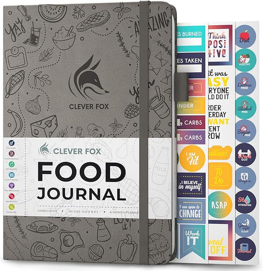 Clever Fox Food Journal - Daily Food Diary, Meal Planner to Track Calories & Nutrients, Weight Tracker Notebook, A5 (Gray)