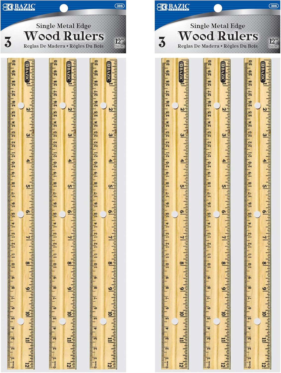 BAZIC Wooden Ruler 12" (30cm), Singel Metal Edge, Inches Centimeter Metric Measuring Drafting Rulers, for Students School Supplies (3/Pack), 2-Packs