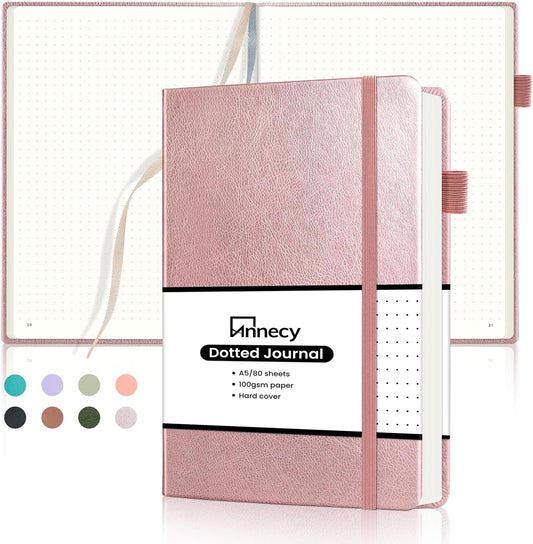 Annecy Numbered Bullet Dotted Journal Notebook, Medium 5.5x 8.25, 160 Pages 100GSM Writing Paper, A5 Rose Gold Faux Leather Cover with Pen Loop