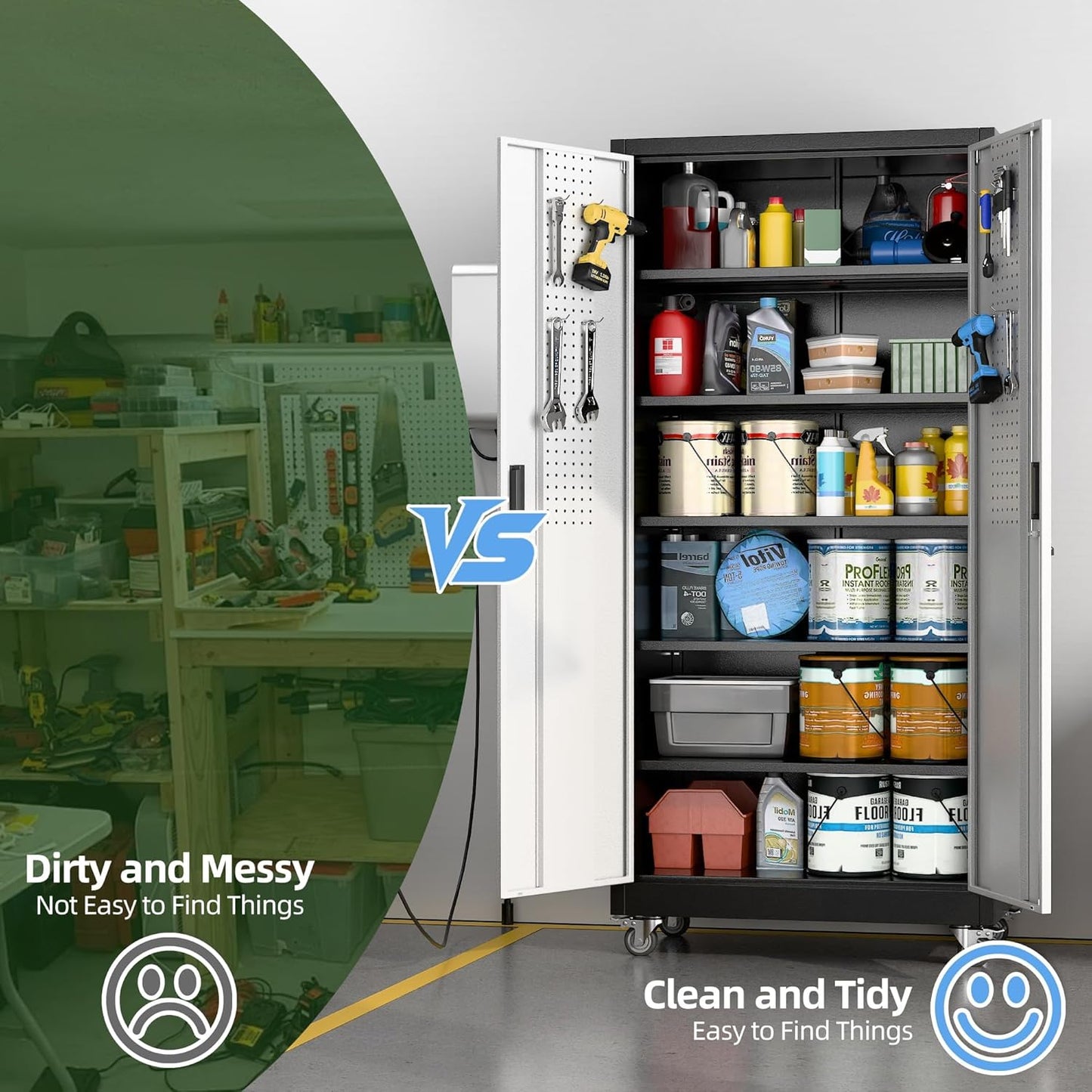 Aobabo Upgraded Garage Storage Cabinets with Wheels,Metal Storage Cabinets with 5 Adjustable Shelves for Garage Home Office Storage, Black&Silver,71''H*32''W*16''D,Assembly Required