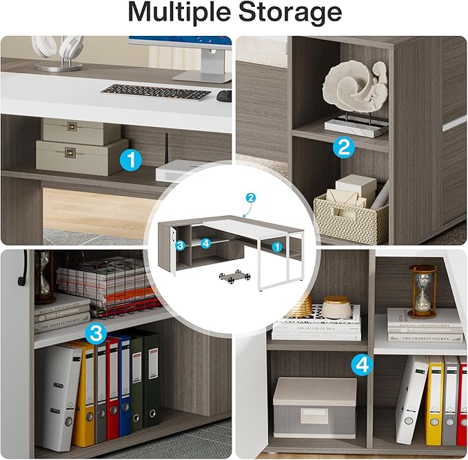 Tribesigns 71 inch Executive Desk, L Shaped Desk with Cabinet Storage, Executive Office Desk with Shelves, Business Furniture Set Workstation for Home Office, Gray and White