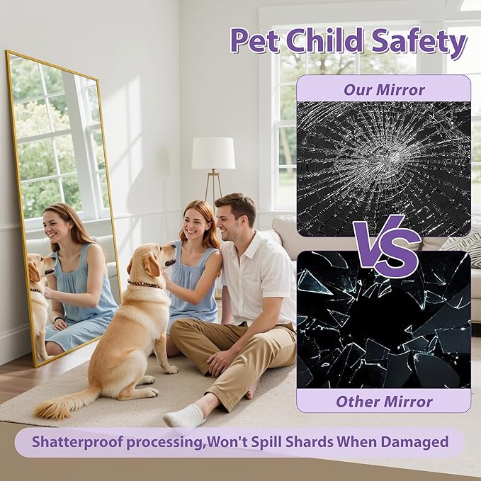 Full Length Mirror, 71"x32" Oversized Floor Mirror Freestanding, Full Body Mirror Floor Standing Mirrors with Stand, Hanging Mounted Mirrors for Bedroom Living Room, Gold, Rect Style