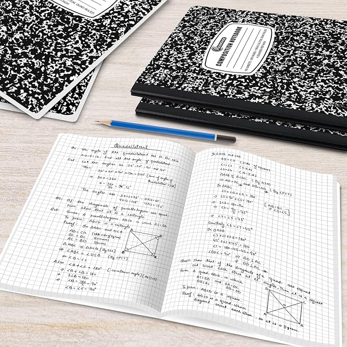 Graph Paper Composition Notebook, 5 Pack, 200 Pages (100 Sheets), Quad Ruled Composition Notebook, Graph Notebooks, 4x4 Grid Composition Notebook, Black Marble, Sewn Hard Cover, 9-3/4 x 7-1/2