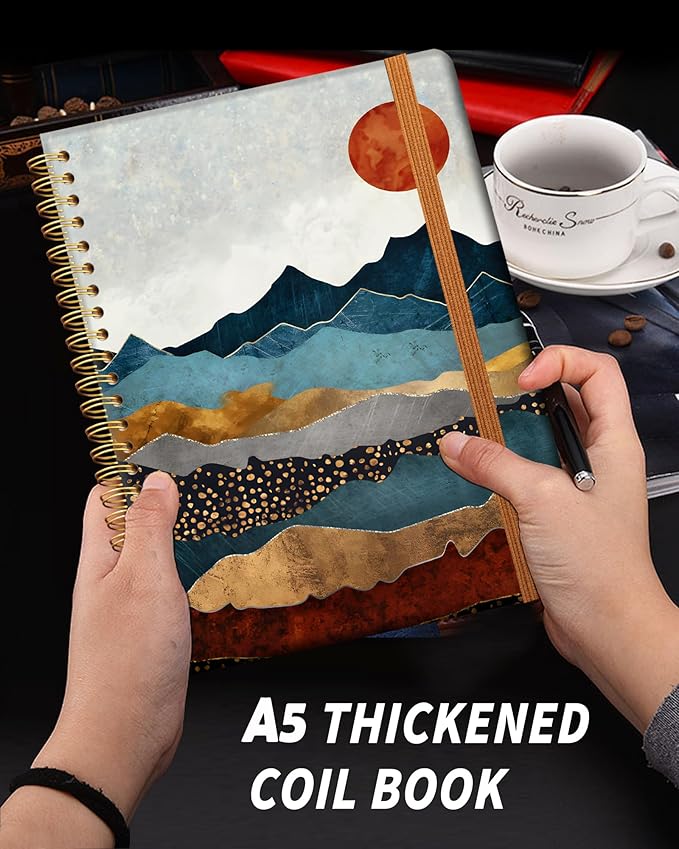 Ruled Spiral Writing Notebook,A5 Hardcover Lined College Journal for Women Lady,Fashion Puppy Watercolor Strong Twin-Wire Binding with Premium Paper,8.4" X 6",Perfect for School,Office,Home Gifts(Abstract Mountain Sun)
