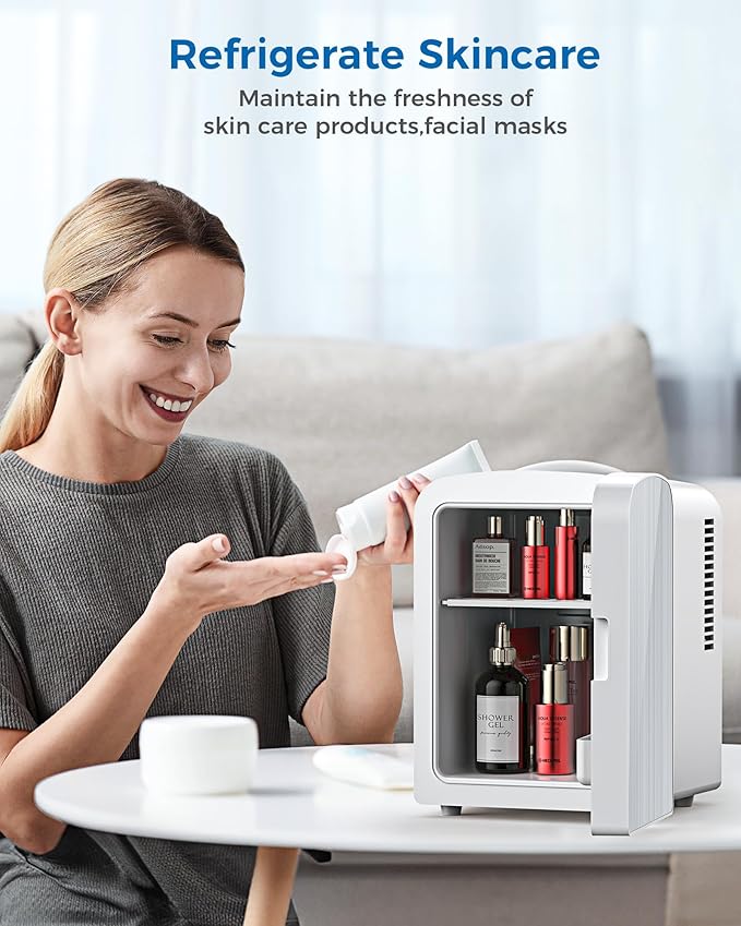 4L/6 Cans Mini Fridge, Portable Compact Refrigerator, Small Skin Care Fridge, Food and Drinks, Small Cooler for Bedroom, Dorm, Car, Office, White