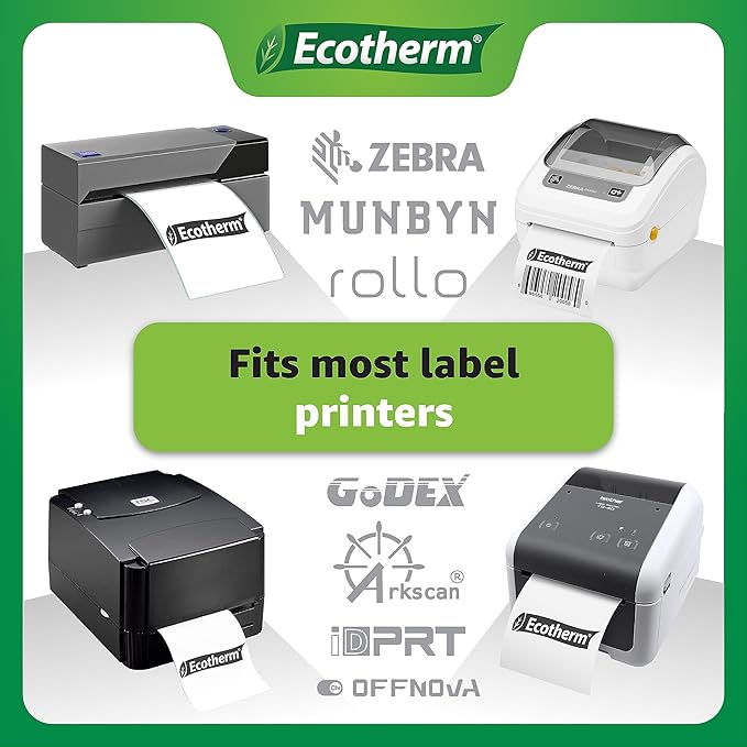 4" x 6.5" Thermal Labels | 6 Rolls | 2280 Labels | fits Zebra, Munbyn, Rollo, Godex, Arkscan, iDPRT, Offnova Thermal Label Printers and More | Blank White Adhesive Stickers by Ecotherm