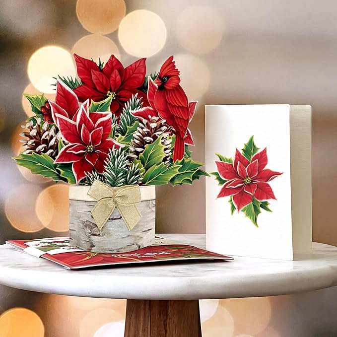 Freshcut Paper Pop Up Cards, Mini Birch Poinsettia, 6 Inch Mini Sized Forever Flower Bouquet 3D Popup Greeting Cards, Christmas Card, Holiday Card, Blank Notecard & Envelope
